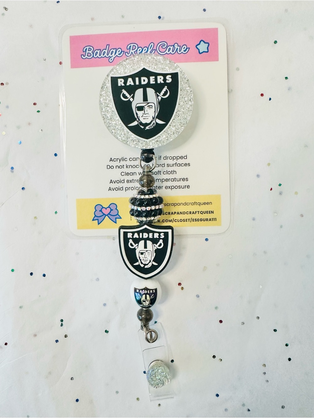 Las Vegas team Black and silver Glitter Badge Reel with pen refill